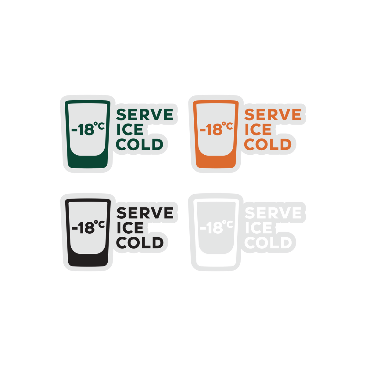 Set de etichete de temperatură „Serve Ice Cold”, cu diferite scheme de culori, pe fundal alb.