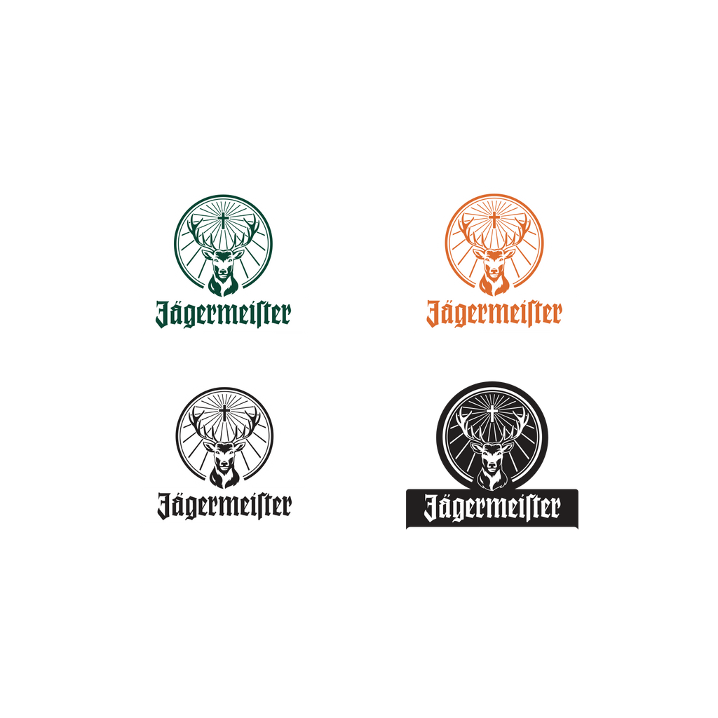 Patru variante de logo-uri Jägermeister pe fundal alb