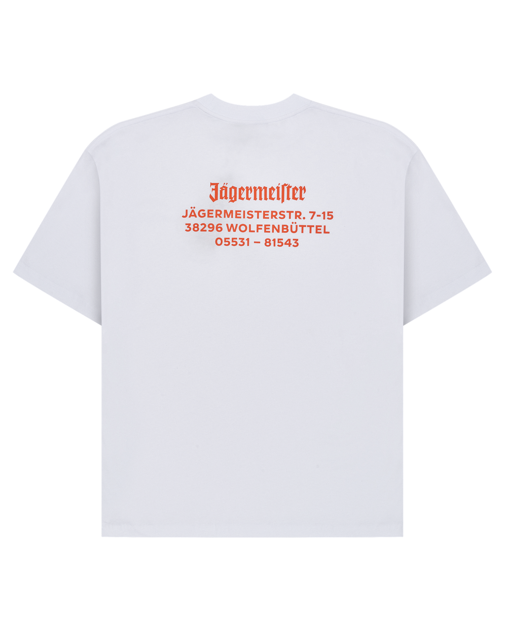 Tricou alb cu adresa Jägermeister portocalie pe spate.