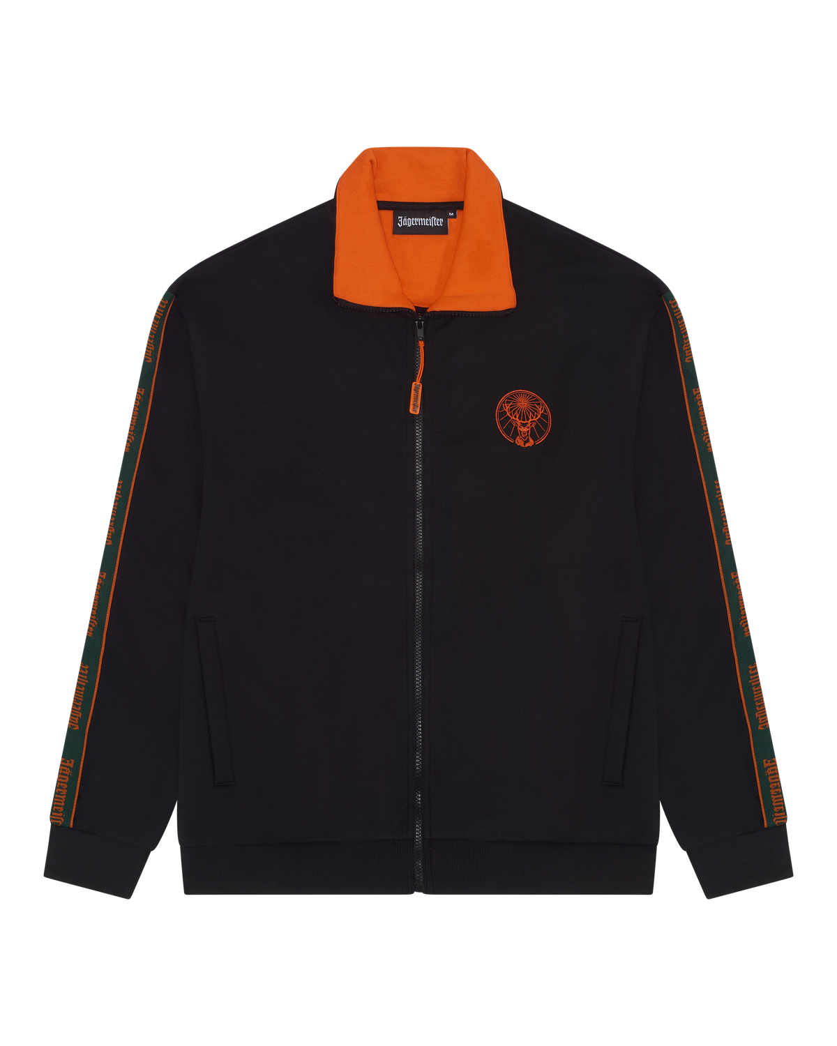 Black Jägermeister track jacket with orange collar and green side stripes on the sleeve with additional Jägermeister branding.