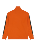 Orange track jacket with green branded stripes on sleeves.