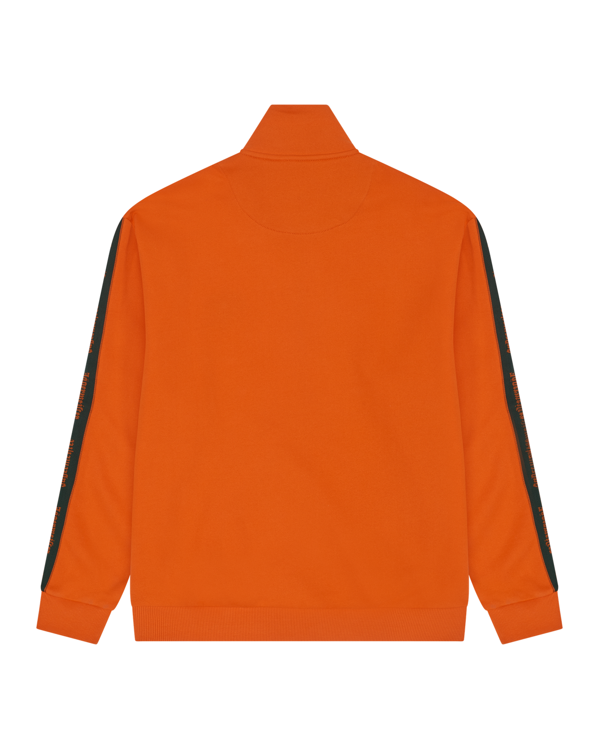 Orange track jacket with green branded stripes on sleeves.