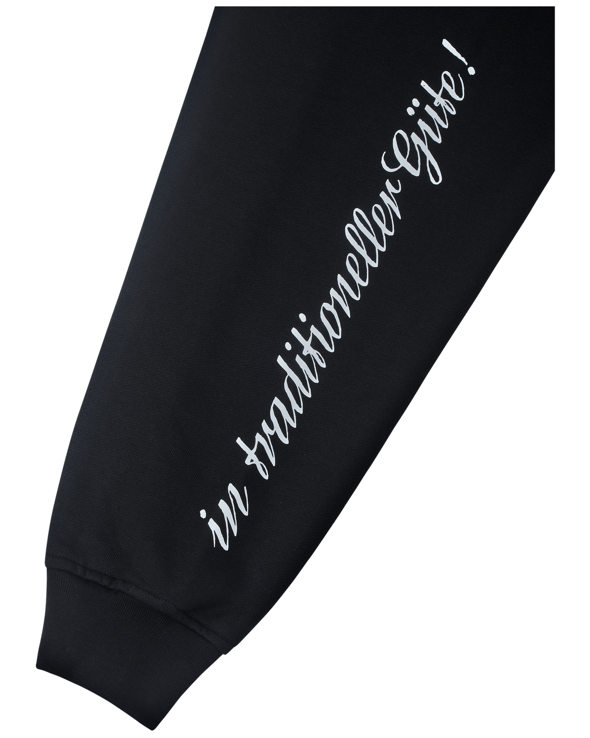 Black sweatshirt sleeve with white text