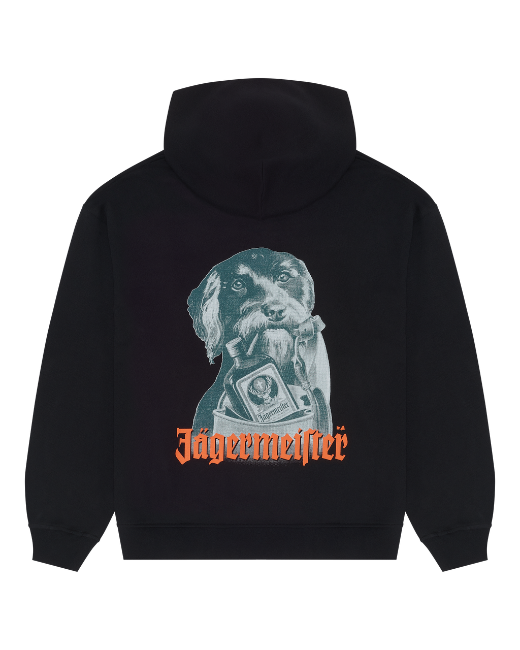 Hanorac negru cu grafică Jägermeister Waldi și wordmark Jägermeister pe spate