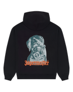 Hanorac negru cu grafică Jägermeister Waldi și wordmark Jägermeister pe spate
